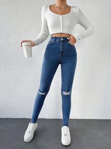 Cottnline Jeans ajustados desgarro de talle alto - Azul - Ver 5