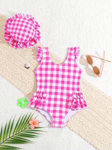 SHEIN Infant Swimsuit/Random Pattern/Baby Girls/Frilled Ruffle & Lock-Stitch-Free Design/One-Piece Swimsuit/Free Gift With Cap, For Christmas - Multicolor - View 1