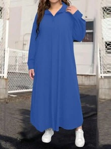 EMERY ROSE Váy Maxi thanh lịch và duyên dáng cỡ lớn với màu trơn đơn giản và cổ áo sơ mi dài tay, trang phục Maxi sang trọng và nhẹ nhàng dành cho phụ nữ, vải mùa thu dành cho phụ nữ - Xanh đậm - Xem 4