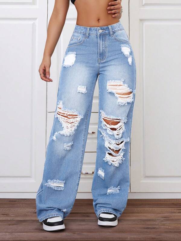 SHEIN ICON Plus Size Women's Street Style Distressed Straight Leg Jeans, Summer