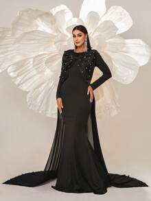 Missord Ladies' Sheer Mesh Beaded Decor Long Sleeve Prom Dress Black Elegant Formal Evening Wedding Guest Gown, For Graduation, Dinner - Black - View 5