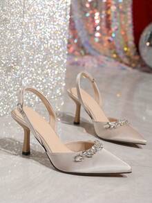 CUCCOO HITCHD Ladies' Apricot, Nude, And Ivory Colored Elegant High Heels For Dressy Occasions. It Features A Gorgeous Chain-Linked Shimmering Rhinestones Decoration And A Large Gemstone. The Shoes Are Made Of Luxurious Light Pink Satin With Pointed Silk Toe And Black High Heels. They Are Designed For Parties, Formal Events, And Weddings. Foldable Butterfly Orchid Flowers And Buckle Closure Add To The Beautification Of The Shoes. Spring Shoes Spring Break Easter Prom Heels For Christmas Elegant Shoes - Beige - View 5