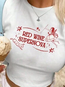 INAWLY 女性夏季Y2K短袖印字休閒T卹，印有標語“小天使” - 白色 - 查看 1