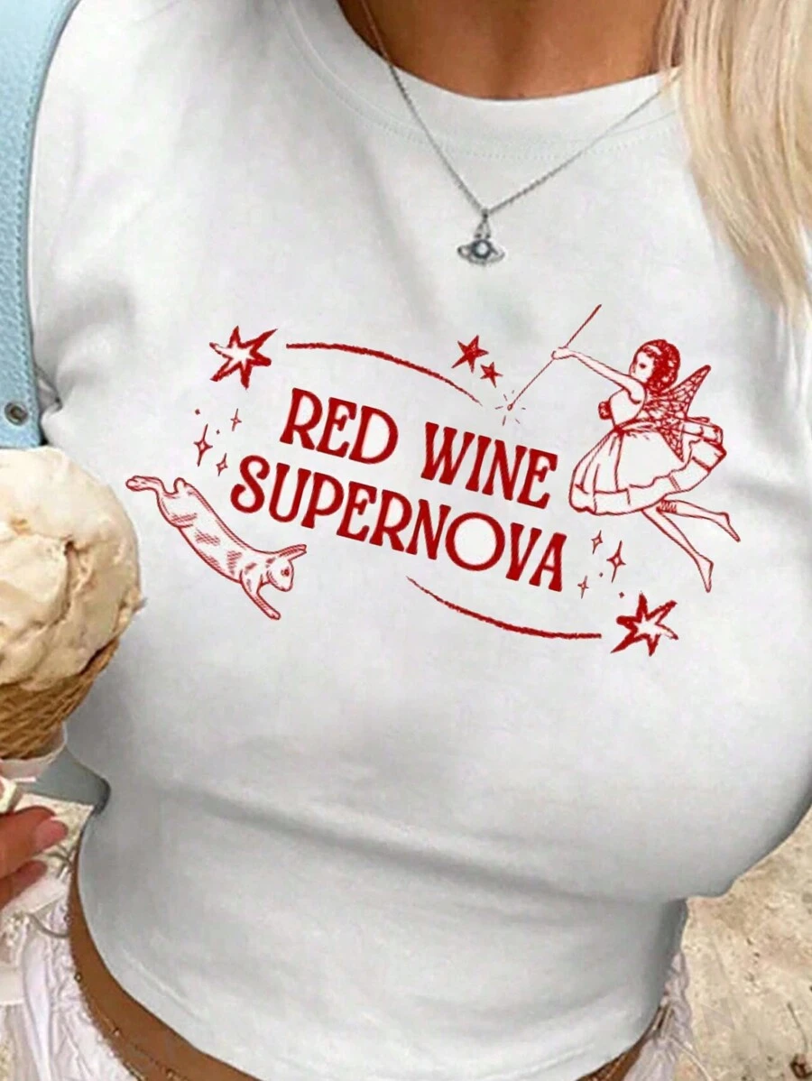 INAWLY 女性夏季Y2K短袖印字休閒T卹，印有標語“小天使” - 白色 - 查看 1