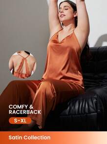 LUVLETTE Satin With Backless Lace Retro Cami And Panty Women Pajama Set Lingerie As Outerwear Lounge Sets For Women