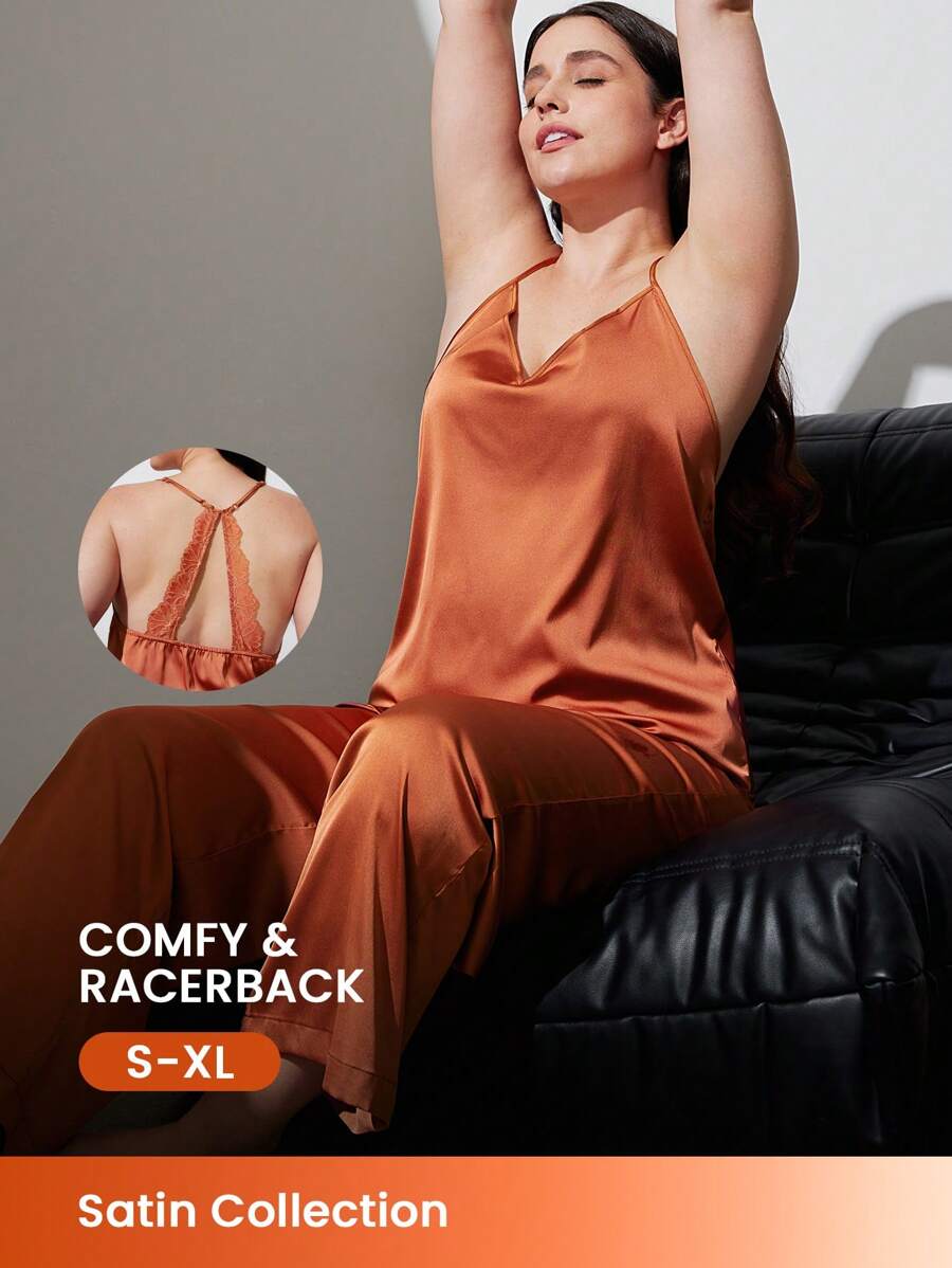 LUVLETTE Satin With Backless Lace Retro Cami And Panty Women Pajama Set Lingerie As Outerwear Lounge Sets For Women