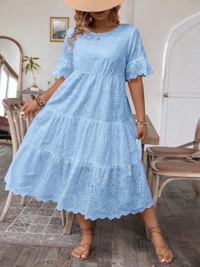 SHEIN LUNE Plus Size Women's Elegant Floral Burning Embroidery Round Neck Short Sleeve Dress With Ruffled Hem For Vacation Maxi Women Outfit