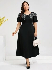 Modelyn Abito a maniche corte semplice decorato colletto per la vita grande delle donne adatto alluso quotidiano