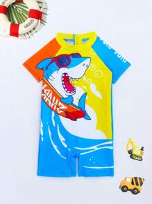 Baby Boys' Swimwear Cute Shark Print Knitted Fabric One-Piece Swimsuit, Stylish Leisure Outfit Suitable For Swimming, Vacation And Summer  Getaway,Holiday,Travel,Relax,Summer,Holiday
