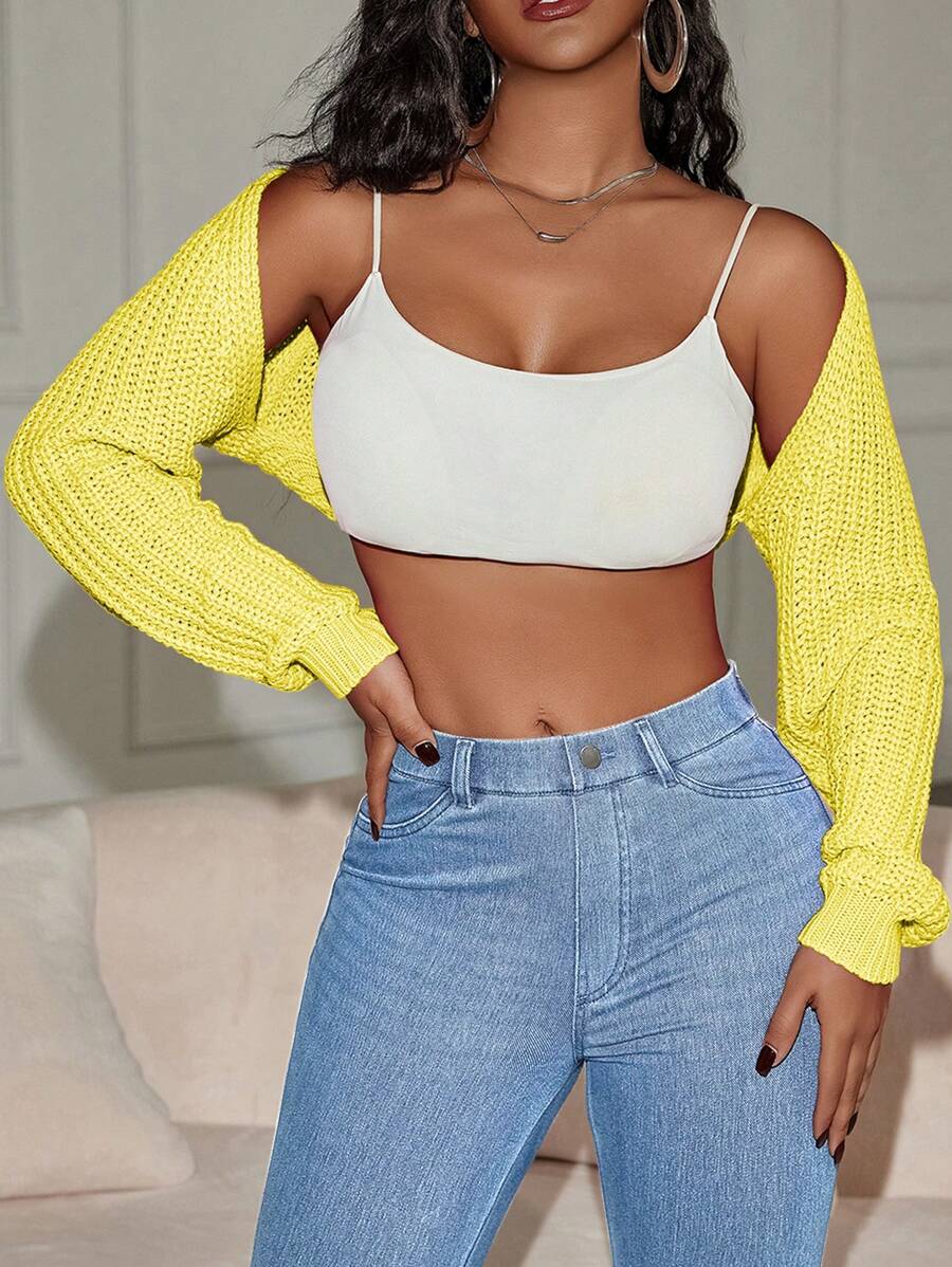 Y2K Street Daily Casual Batwing Sleeve Shrug Crop Cardigan Open Front Coat - Yellow - View 1