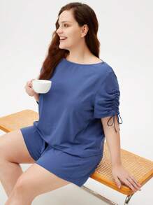 LUVLETTE Women Plus Soft Drawstring Cotton Pajamas Top & Shorts PJ Set Boxer Set,Spring And Summer Matching Sets Cotton Pajamas Fashion Casual Comfy Outfits - Mint Blue - View 8
