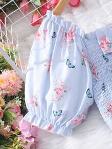 SHEIN Floral Print Short Sleeve Teenage Girls' Dress - Baby Blue - View 5