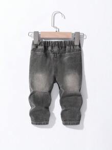 Baby Boy's Street Style Cool And Cute Smiling Printed Cut-Up Straight-Leg Jeans With Elastic Waist And Pockets, All-Season Fashion Essential