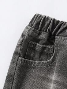 Baby Boy's Street Style Cool And Cute Smiling Printed Cut-Up Straight-Leg Jeans With Elastic Waist And Pockets, All-Season Fashion Essential