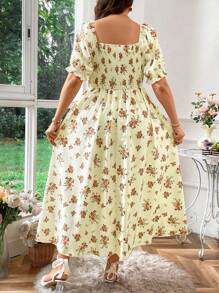 Sunnyshic Vestido romántico de talla grande con estampado floral, cintura ajustable con cordón, mangas abullonadas y ribete de encaje alrededor del pecho