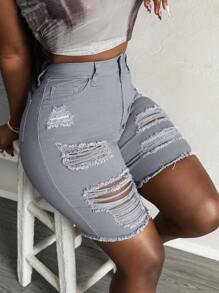 SHEIN Slayr 女性修身款休閒牛仔短褲，帶有破洞口袋細節 - 淺灰色 - 查看 1