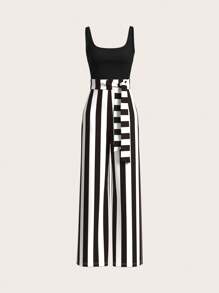 SHEIN Privé 女士純色上衣和條紋長褲套裝