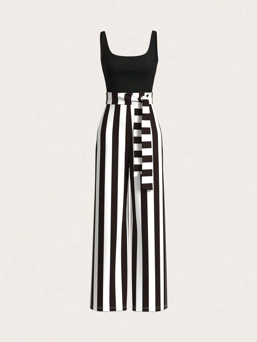 SHEIN Privé 女士純色上衣和條紋長褲套裝