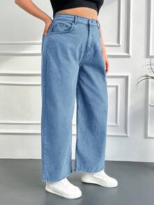 EURMUSE Plus Pocket Detail Wide Leg Jeans - Blue - View 3