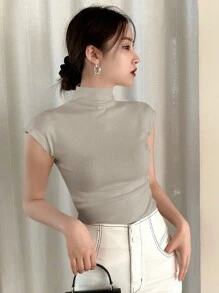 DAZY Mock Neck Solid Cap Sleeve Tee For Summer - Grey - View 5