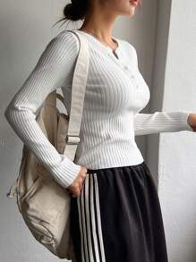 DAZY Áo thun nữ dáng ôm mùa xuân/hè màu trơn nửa tay trước có sọc - trắng - Xem 5