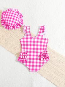 SHEIN Infant Swimsuit/Random Pattern/Baby Girls/Frilled Ruffle & Lock-Stitch-Free Design/One-Piece Swimsuit/Free Gift With Cap, For Christmas - Multicolor - View 2