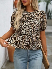 SHEIN LUNE 圓領豹紋短袖上衣，荷葉邊和擺蕾絲，鬆身設計，夏季款式 - 彩色 - 查看 7