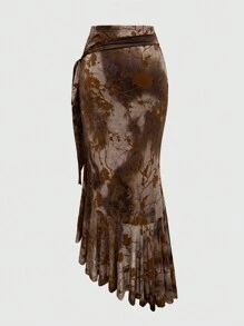 ROMWE Fairycore 復古絨布貼身魚尾裙，配圓扣皮帶，適合女性 - 彩色 - 查看 2