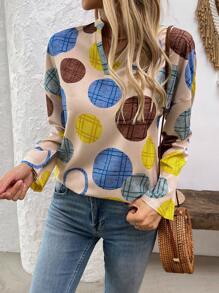 SHEIN LUNE 假日休閒H型剪裁全印花圓點衬衫，有翻領 - 卡其色 - 查看 3