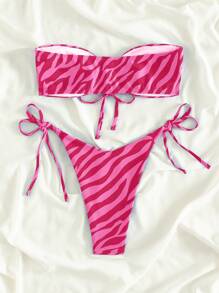 SHEIN Swim 夏日海滩斑马纹分体比基尼套装 - 彩色 - 查看 2