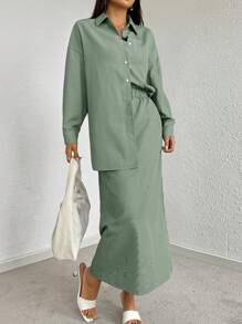 Mulvari Drop Shoulder Long Sleeve Shirt & Skirt 2 Pieces Set