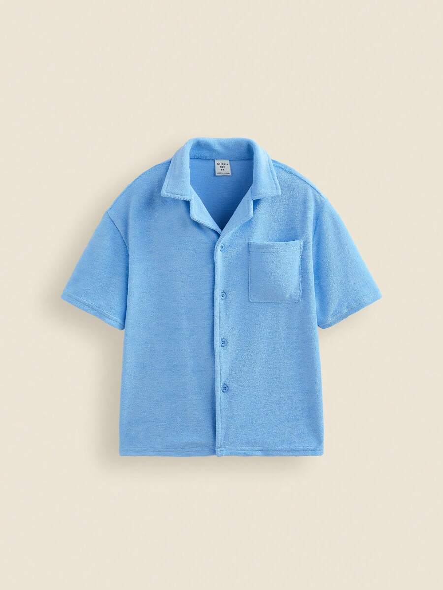 THE HAPPY LOOK Young Boy Plain Blue Jersey Knit Short Sleeve Casual Shirt For Spring And Summer - Blue - View 1