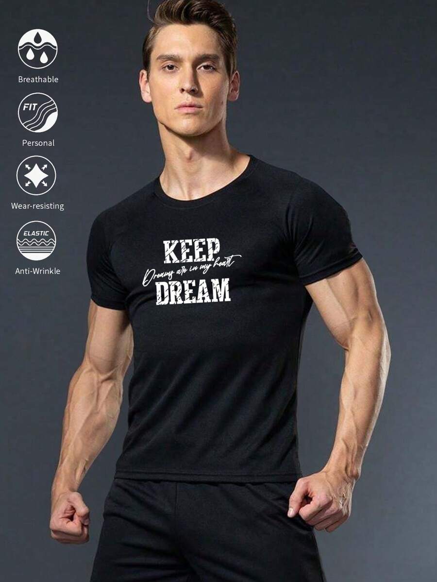 Gym Rark 男友风男士标语印花运动T恤,夏季紧身款 - 黑色 - 查看 1
