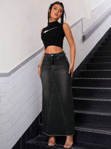 SHEIN ICON 女士纯色简约风格日常穿着低腰牛仔半身裙