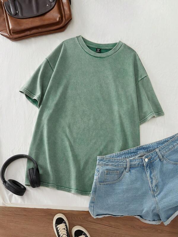 Comfortcana Plus Size Acid Washed Look Vintage Knitted Distressed Loose Fit Short Sleeve T-Shirt