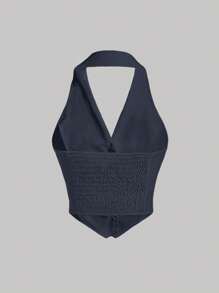 SHEIN MOD Button Front Backless Halter Dark Blue Suit Lapel Goldfish Pendant Top - Navy Blue - View 2