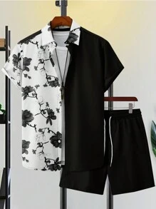 Manfinity RSRT 男士印花實色拼接短袖T恤和短褲套裝（隨機剪裁印花） - 彩色 - 查看 5