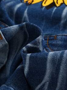 SHEIN 少女夏日波西米亞風向向向向向向向向是太陽花印花復古洗水寬鬆牛仔短褲，帶生邊 - 深色水洗藍 - 查看 3