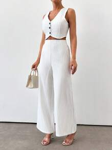 EURMUSE Conjunto del coordinado con apariencia de lino a rayas negras - Blanco - Ver 3
