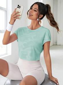 SHEIN Sports Seamless Raglan Sleeve Crop Sports Teeworkout Tank Top Gym Women Shirts - Mint Blue - View 2