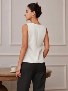 女士方领短袖纽扣前开衩下摆修身休闲日常背心，Old Money 短款上衣，露背商务休闲衬衫，春夏