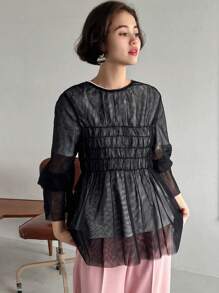 FRIFUL Women's Plain Simple Daily Mesh Top,Ruffle Long Sleeve Top - Black - View 1