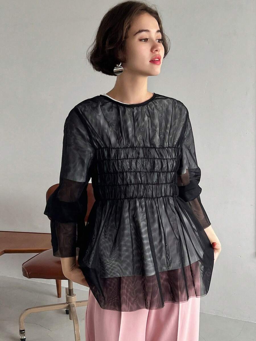 FRIFUL Women's Plain Simple Daily Mesh Top,Ruffle Long Sleeve Top - Black - View 1