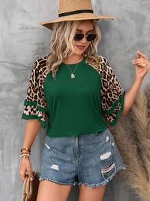 SHEIN LUNE 加肥豹紋荷葉邊短袖上衣 - 墨綠色 - 查看 3