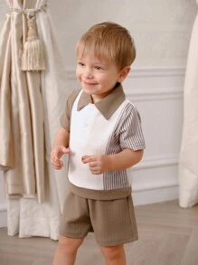 Souflis Souflis Baby Boys' Spring/Summer Casual Color Block Texture Comfortable Top And Shorts Set, Versatile