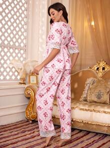PalaceNights Women's Floral Printed Short Sleeve Long Pants Pajama Set