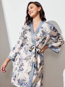 LUVLETTE Floral Pattern Flora Print Satin Women Bath Robe With Tie Bridesmaid Pajamas Bathrobe Night Gown Women Lingerie& Pyjamadressing