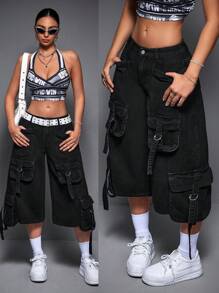 SHEIN ICON Quần Jeans Capri Denim Ống Rộng Dáng Rộng Cho Nữ Có Nhiều Túi Đựng Đồ Công Sở - màu đen - Xem 4