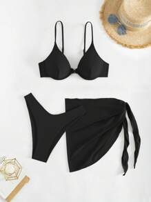 SHEIN Swim 女士泳衣套装，3 件套，连体泳衣，带胸部支撑，夏季 - 黑色 - 查看 1