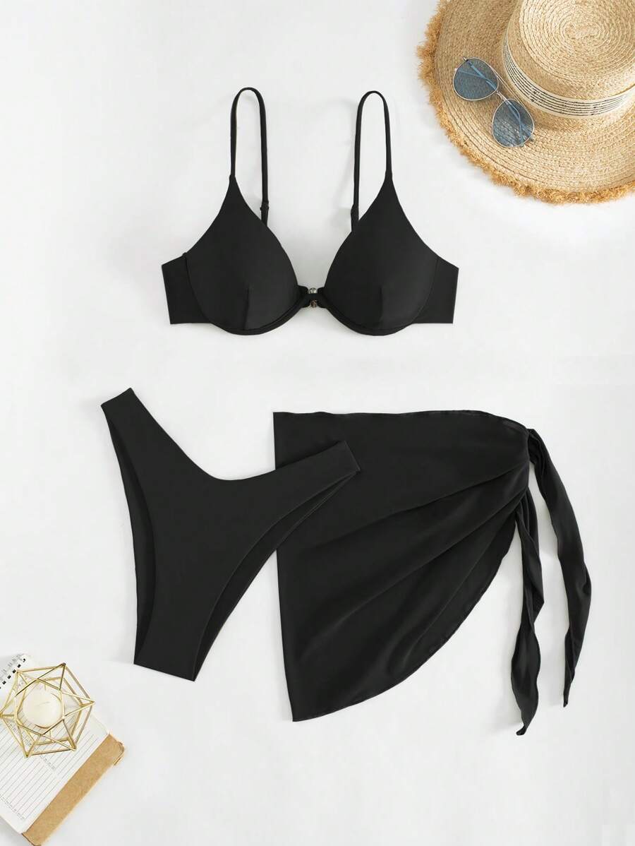 SHEIN Swim 女士泳衣套装，3 件套，连体泳衣，带胸部支撑，夏季 - 黑色 - 查看 1